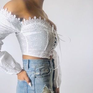 White off the shoulders lace up top